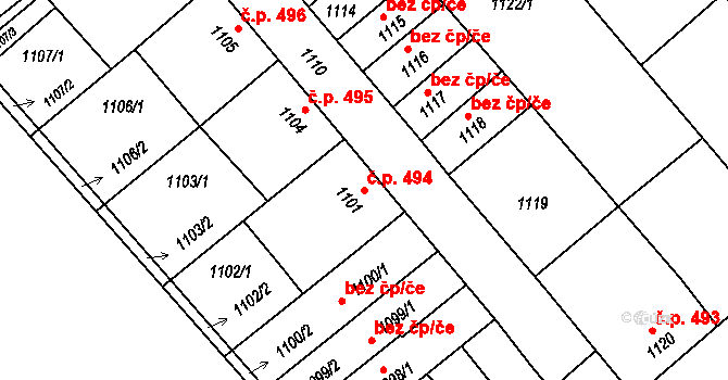 Mikulčice 494 na parcele st. 1101 v KÚ Mikulčice, Katastrální mapa