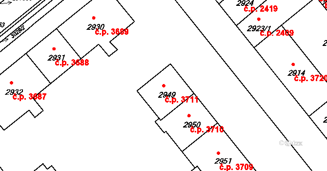 Chomutov 3711 na parcele st. 2949 v KÚ Chomutov II, Katastrální mapa