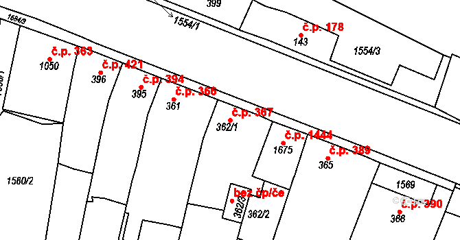 Rosice 367 na parcele st. 362/1 v KÚ Rosice u Brna, Katastrální mapa