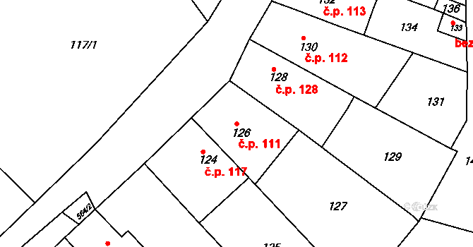 Kanice 111 na parcele st. 126 v KÚ Kanice, Katastrální mapa