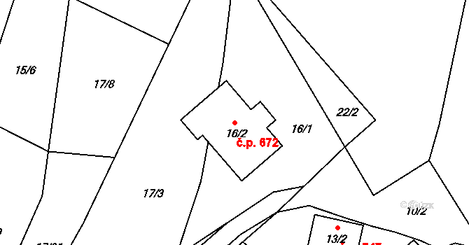 Jedovnice 672 na parcele st. 16/2 v KÚ Jedovnice, Katastrální mapa