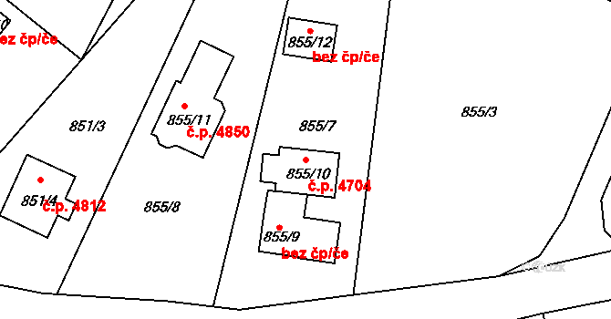 Rýnovice 4704, Jablonec nad Nisou na parcele st. 855/10 v KÚ Rýnovice, Katastrální mapa
