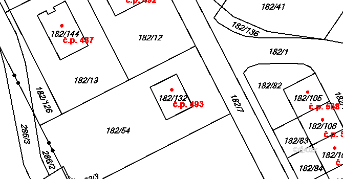 Liberec VIII-Dolní Hanychov 493, Liberec na parcele st. 182/132 v KÚ Dolní Hanychov, Katastrální mapa