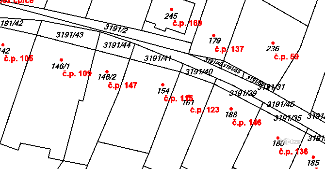 Orlovice 115 na parcele st. 154 v KÚ Orlovice, Katastrální mapa