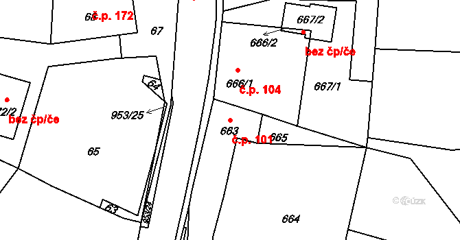 Hvozdná 101 na parcele st. 663 v KÚ Hvozdná, Katastrální mapa