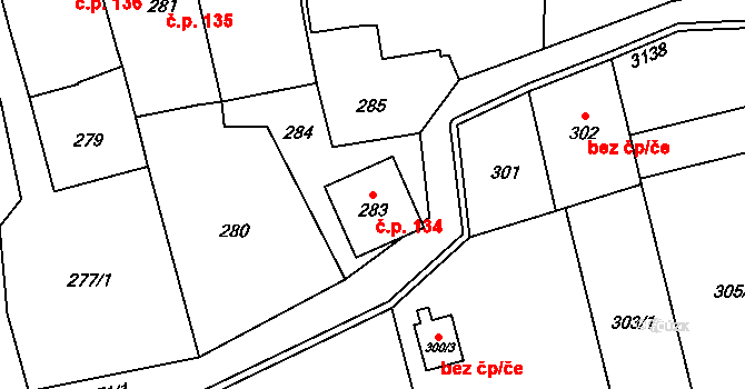 Píšť 134 na parcele st. 283 v KÚ Píšť, Katastrální mapa