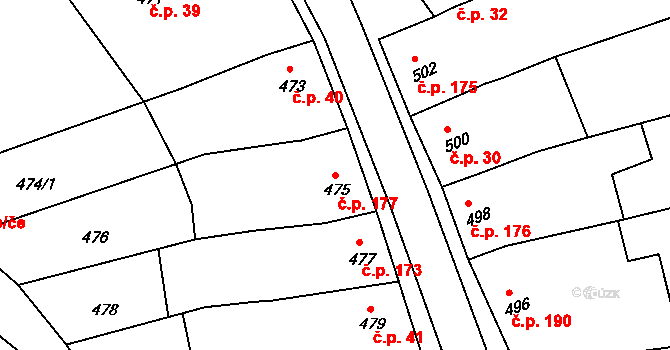 Kobeřice u Brna 177 na parcele st. 475 v KÚ Kobeřice u Brna, Katastrální mapa