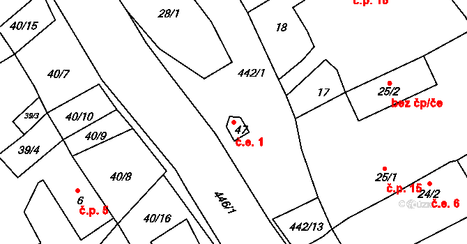 Kovářov 1, Bouzov na parcele st. 47 v KÚ Kovářov u Bouzova, Katastrální mapa