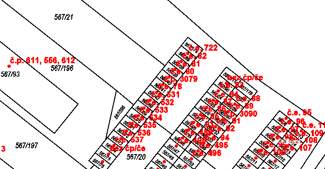Vyškov-Předměstí 3079, Vyškov na parcele st. 567/41 v KÚ Vyškov, Katastrální mapa