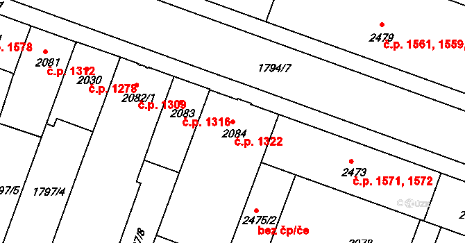 Budějovické Předměstí 1322, Písek na parcele st. 2084 v KÚ Písek, Katastrální mapa