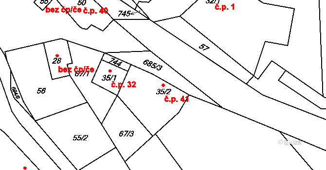 Hluboké u Kunštátu 41, Kunštát na parcele st. 35/2 v KÚ Hluboké u Kunštátu, Katastrální mapa
