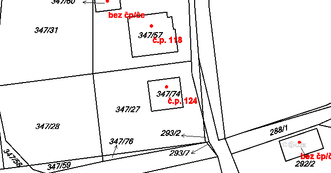 Dubenec 124 na parcele st. 347/74 v KÚ Dubenec u Příbramě, Katastrální mapa