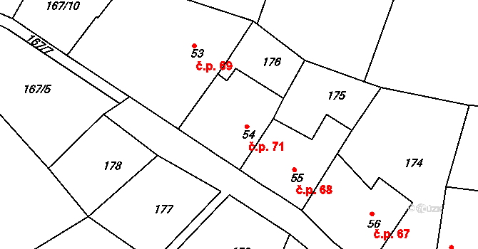 Krušovice 71 na parcele st. 54 v KÚ Krušovice, Katastrální mapa