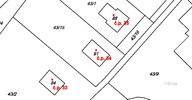Dolní Raškovice 34, Svinčany na parcele st. 91 v KÚ Raškovice u Přelouče, Katastrální mapa
