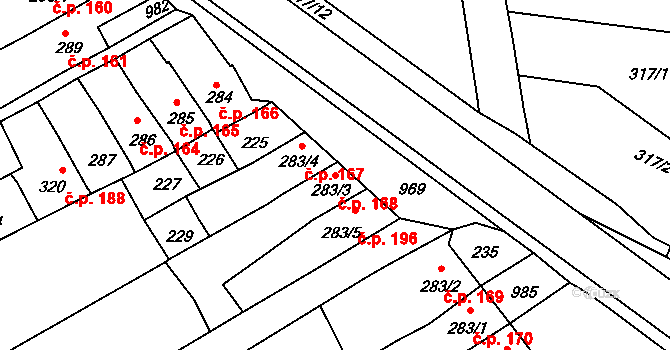 Olšany u Prostějova 168 na parcele st. 283/3 v KÚ Olšany u Prostějova, Katastrální mapa
