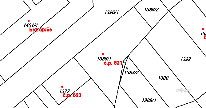 Uhlířské Janovice 521 na parcele st. 1386/1 v KÚ Uhlířské Janovice, Katastrální mapa