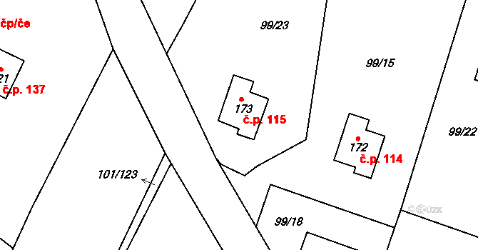 Štrampouch 115, Žáky na parcele st. 173 v KÚ Žáky, Katastrální mapa