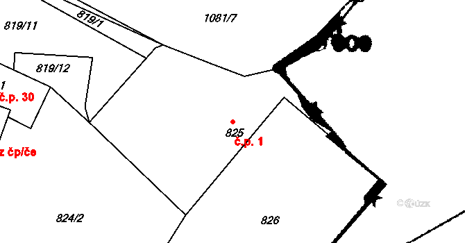 Radomilice 1, Dříteň na parcele st. 825 v KÚ Záblatí, Katastrální mapa