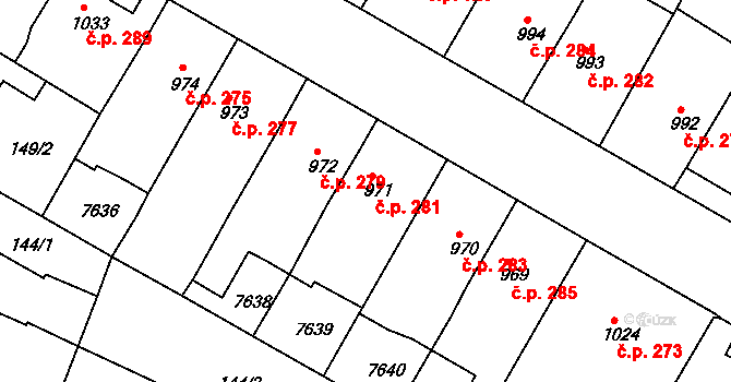 Telč-Štěpnice 281, Telč na parcele st. 971 v KÚ Telč, Katastrální mapa