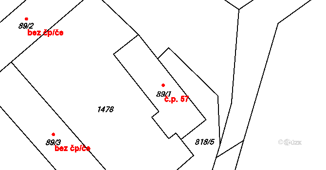 Hybrálec 57 na parcele st. 89/1 v KÚ Hybrálec, Katastrální mapa