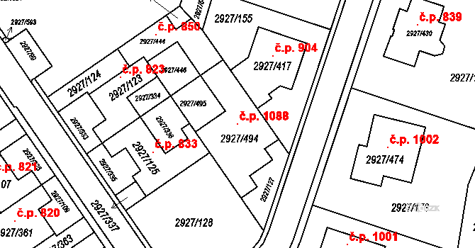 Žebětín 1088, Brno na parcele st. 2927/494 v KÚ Žebětín, Katastrální mapa