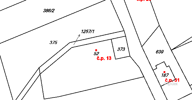 Pipice 13, Záhoří na parcele st. 52 v KÚ Záhoří u Semil, Katastrální mapa