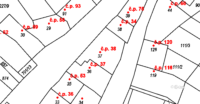 Mnetěš 38 na parcele st. 37 v KÚ Mnetěš, Katastrální mapa