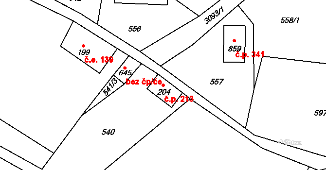 Nekoř 213 na parcele st. 204 v KÚ Nekoř, Katastrální mapa