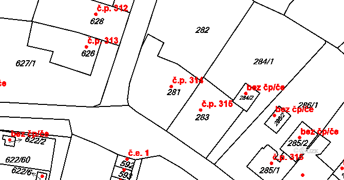 Miřetice u Klášterce nad Ohří 314, Klášterec nad Ohří na parcele st. 281 v KÚ Miřetice u Klášterce nad Ohří, Katastrální mapa