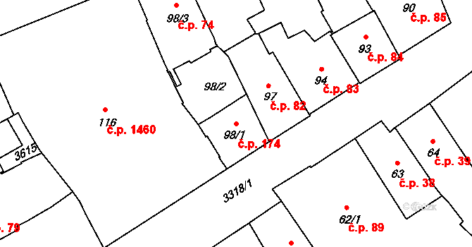Pelhřimov 174 na parcele st. 98/1 v KÚ Pelhřimov, Katastrální mapa