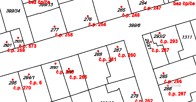 Veltrusy 261 na parcele st. 288 v KÚ Veltrusy, Katastrální mapa