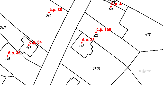 Daliměřice 23, Turnov na parcele st. 142 v KÚ Daliměřice, Katastrální mapa
