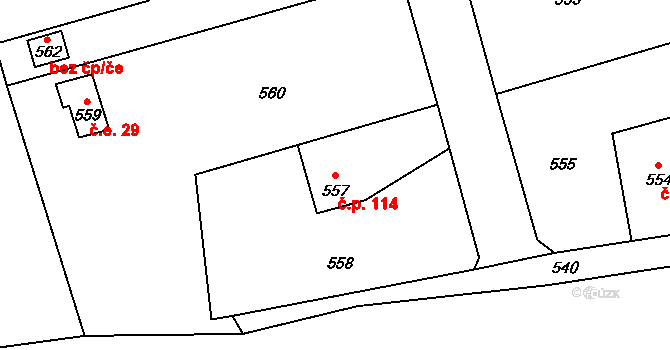 Točná 114, Praha na parcele st. 557 v KÚ Točná, Katastrální mapa