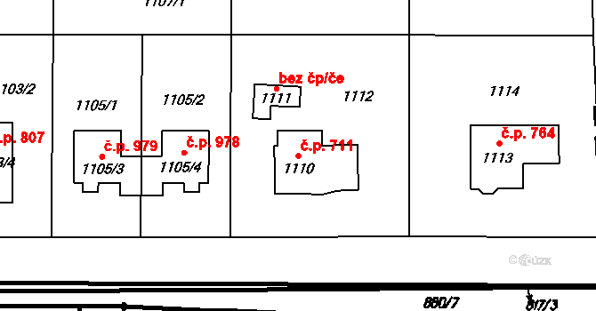 Šeberov 711, Praha na parcele st. 1110 v KÚ Šeberov, Katastrální mapa