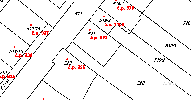 Mutěnice 822 na parcele st. 521 v KÚ Mutěnice, Katastrální mapa