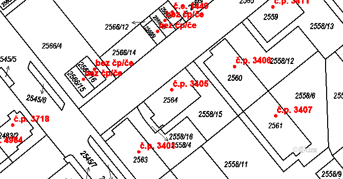 Chomutov 3405 na parcele st. 2564 v KÚ Chomutov II, Katastrální mapa