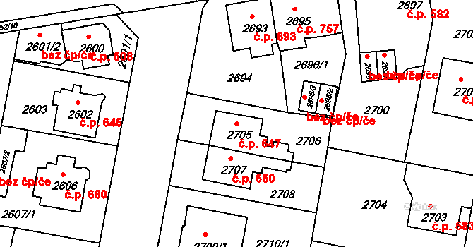 Jirkov 647 na parcele st. 2705 v KÚ Jirkov, Katastrální mapa