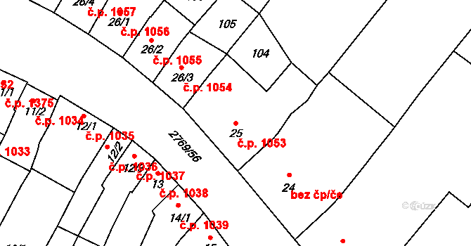 Ivančice 1053 na parcele st. 25 v KÚ Kounické Předměstí, Katastrální mapa