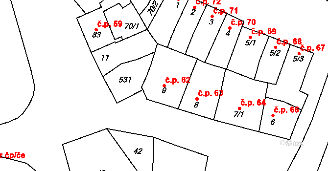 Domamyslice 62, Prostějov na parcele st. 9 v KÚ Domamyslice, Katastrální mapa