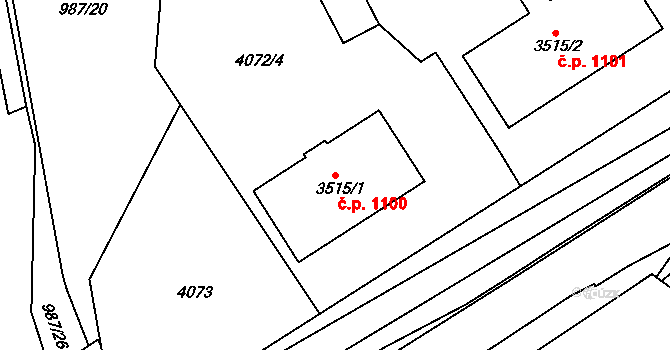 Bílé Předměstí 1100, Pardubice na parcele st. 3515/1 v KÚ Pardubice, Katastrální mapa