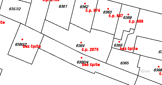 Jižní Předměstí 2875, Plzeň na parcele st. 6364 v KÚ Plzeň, Katastrální mapa
