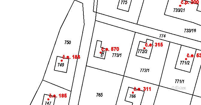 Horákov 570, Mokrá-Horákov na parcele st. 773/2 v KÚ Horákov, Katastrální mapa