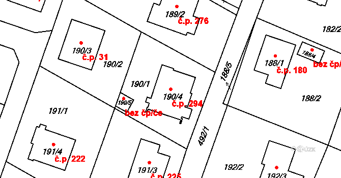 Bobrovníky 294, Hlučín na parcele st. 190/4 v KÚ Bobrovníky, Katastrální mapa