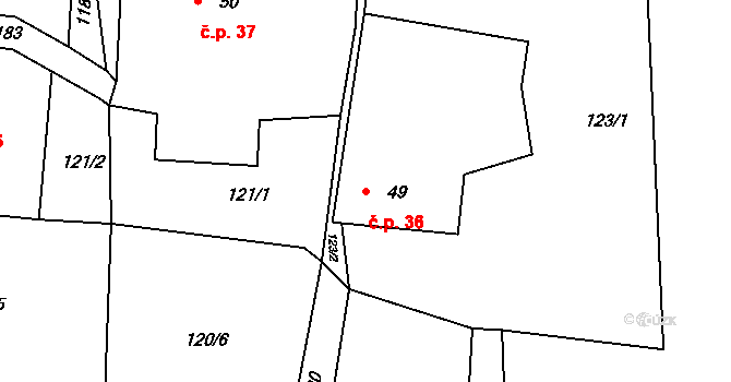 Borovany 36 na parcele st. 49 v KÚ Borovany u Milevska, Katastrální mapa