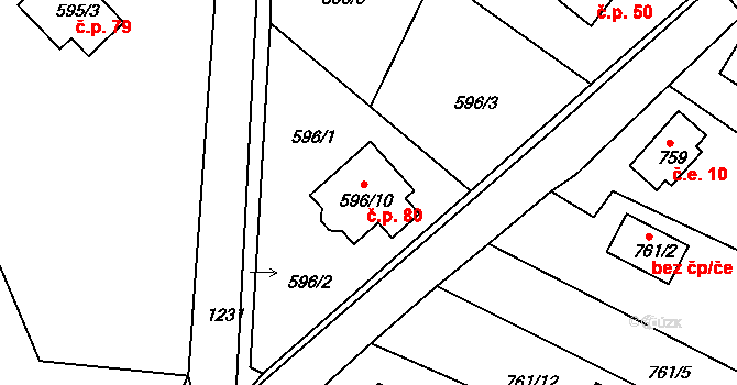 Krasetín 80, Holubov na parcele st. 596/10 v KÚ Holubov, Katastrální mapa