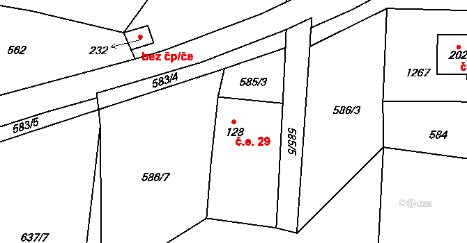 Chodovská Huť 29, Tři Sekery na parcele st. 128 v KÚ Chodovská Huť, Katastrální mapa