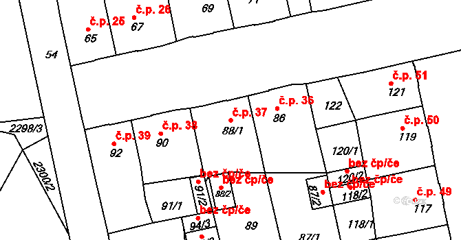 Pod Cvilínem 37, Krnov na parcele st. 88/1 v KÚ Opavské Předměstí, Katastrální mapa