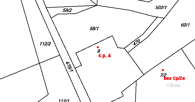 Lažany 4 na parcele st. 9 v KÚ Lažany u Sychrova, Katastrální mapa