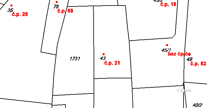 Těchlovice 21, Stříbro na parcele st. 43 v KÚ Těchlovice u Stříbra, Katastrální mapa