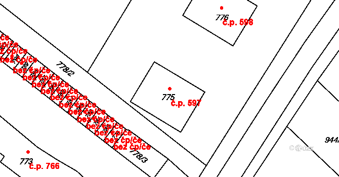 Velká Bystřice 597 na parcele st. 775 v KÚ Velká Bystřice, Katastrální mapa